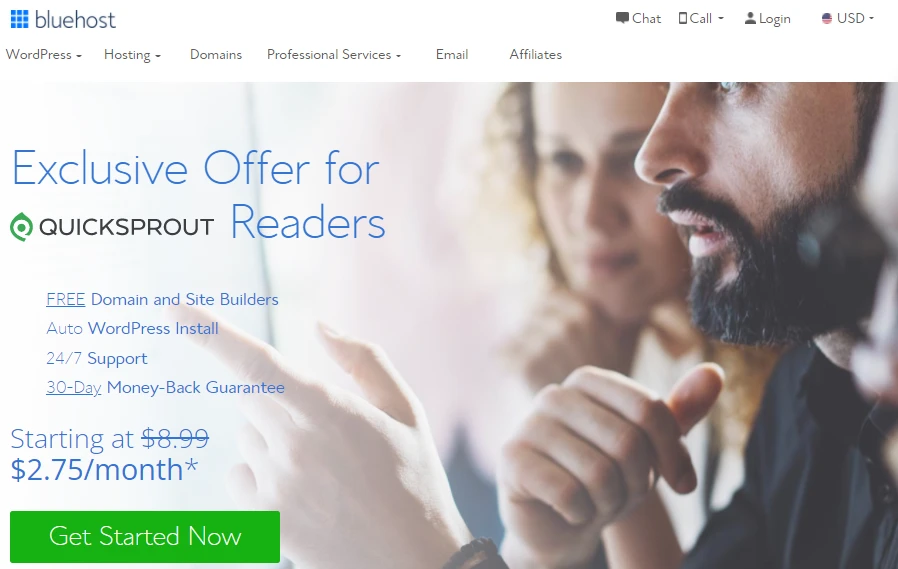 Bluehost landing page for shared web hosting
