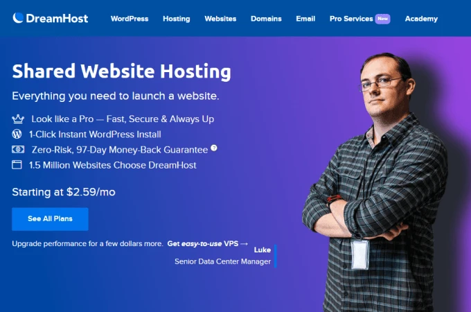 DreamHost shared web hosting landing page